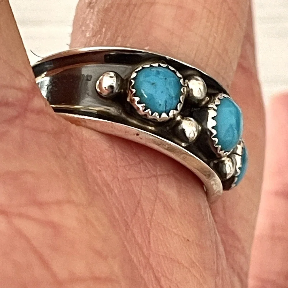 Navajo Turquoise Mens Band Sz 12.5 Three Stone Ring 12mm Sterling Dark Native 5g